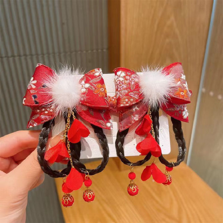2PCs/Set New Year Chinese Hairpin Red Bow with Braid Hair Clip