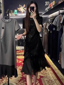 Elegant French Short Sleeve Midi Dress Womens New Design Splicing Summer High Waist A-Line Skirt Simple Solid Color Dress