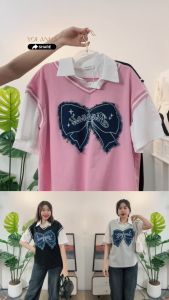 【SAT】Yolanda เสื้อยืดคอปก แต่งปักโบว์ ผ้ายีนส์ เสื้อแฟชั่นผู้หญิง ผ้า2ชิ้นเย็บติด ผ้านุ่ม ใส่สบาย FF1049