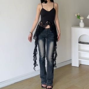 PIMHOUSE SHOP เสื้อชีฟองแขนพัฟเชือกแขวนคอ สไตล์น่ารักและเซ็กซี่ สำหรับผู้ หญิง ฤดูร้อน มาใหม่ เย็บไม่สม่ำเสมอ เสื้อเชิ้ตแขนสั้นสุดชิค เสื้อผ้าท็อป