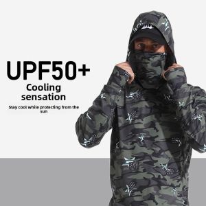 Camouflage Summer Outdoor Ice Silk Sun Protection Clothing Fishing Clothes Mens Long Sleeve Quick Dry Breathable UV Protection Face Cover