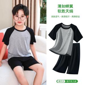 Childrens Summer Thin Ice Silk Modal Short Sleeve Sleepwear Set Boys Home Clothes Air Conditioning Suit Cartoon Print Breathable Moisture Wicking