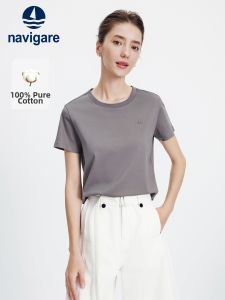 Navigare | Summer Gray Round Neck Short Sleeve T Shirt Pure Cotton Embroidered