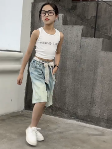 Girls Denim Shorts for Kids Girls Silk Belt Baggy Jeans Pants Loose Maong Shorts for Kids Girl 5-16Yrs