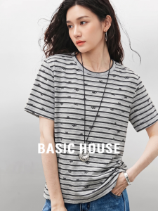Basic House | Vintage Grey Striped Print T-shirt Slimming Short Sleeve Summer Round Neck