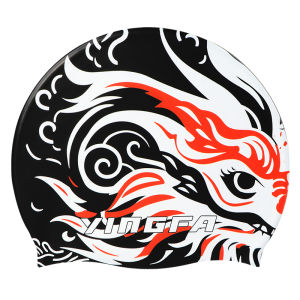 YINGFA หมวกซิลิโคนพิมพ์ลายหมวกว่ายน้ำความเหนียวสูงหมวกว่ายน้ำสากลหมวกกีฬาทางน้ำมืออาชีพเหมาะสำหรับผู้ชายและผู้หญิงที่มีผมยาวปานกลาง