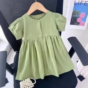 Bear Leader | Solid Color Summer New Girls Casual Clothes Round Neck Single Breasted Bubble Sleeve Princess Dress for Childrens Daily Wear