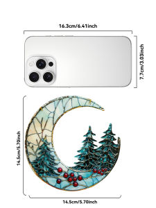 Christmas Acrylic Moon Ornament with Pine Trees & Red Berries Art Hanging Decor Festive Window & Xmas Tree Pendant Decorations