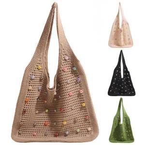Yaababy Women Crochet Shoulder Bag Woven Hobo Bag Large Capacity Fashion Tote Handbags with Colorful Pearls Outdoor Travel Bag