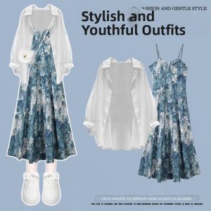 NUMEN BUTTON | Plus Size Summer Sun Protection French Style Retro Oil Painting Floral Print Two Piece Set Dress