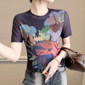 Yimei tròn Châu Âu Cổ Áo Thun Tay Ngắn Cho Phụ Nữ Của Mùa Hè Thiết Kế in theo yêu cầu áo lưới ôm vừa Và Giảm Béo Phong Cách Và Đàn Hồi áo nhỏ