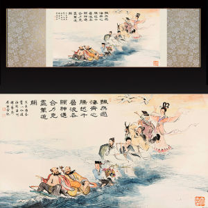 Silk Scroll Painting Chinese Folklore Story Eight Immortals Crossing the Sea Home Decor Feng Shui Wealth Attracting Figures Artwork