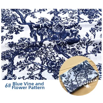 Blue Print Cotton Linen Fabric National Style Kindergarten Decoration Cloth Promotional Clothing Material Plant Floral Pattern
