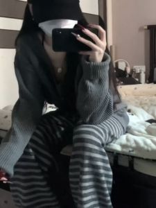 Korean Style Vintage Lazy Wide Leg Casual Pants Womens High Waist Slimming Knitted Straight Long Trousers Autumn Winter