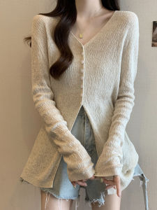 French V-Neck Long Sleeve Knit Sweater for Women Casual Plus Size Slimming Irregular Open Cardigan for Autumn