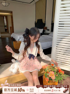 Pink Fabric Pig Maple Syrup Cappuccino Academy Style Womens Dress with Waist Cinching Doll Collar Butterfly Knot Short Skirt