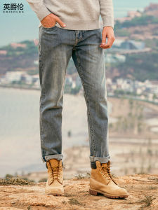 Enjeolon Mens Straight Leg Casual Jeans Denim Blue Versatile Pants Autumn Winter New Style Comfortable Fit Classic Blue Jeans