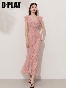 D-PLAY | Pastoral Style Pink Floral Double Ruffle Decorated Long Dress