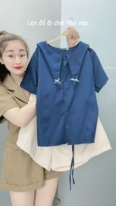 Set Đồ Bigsize Nữ Áo Thủy Thủ Cổ Tròn Cách Điệu Kèm Quần Đùi Chữ A Sành Điệu - SET837