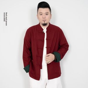 Double-Sided Wear Cotton Linen Spring Autumn Mens Cheongsam Chinese Style Zhongshan Coat Youth Casual Long Sleeve Pure Color