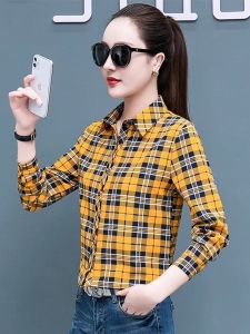 เสื้อเชิ้ตลายสก็อตแขนยาวหลวมๆ สำหรับผู้หญิงในฤดูใบไม้ผลิ ทรงหลวมสไตล์เกาหลี แฟชั่นฤดูร้อน ป้องกันแสงแดด ดีไซน์เรียบง่าย