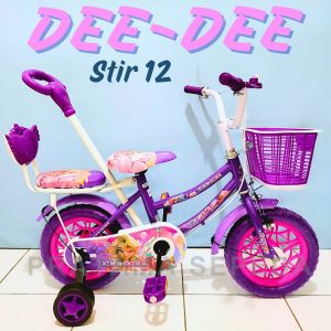 Sepeda Mini Anak Perempuan Unity Victoria Eva 12 Inch dengan Keranjang Warna-warni untuk Aktivitas Luar Ruangan.