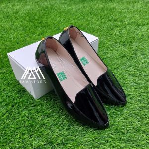 Flatshoes Wanita Polos Hitam Glossy Sepatu Flat Wanita Kerja Olivine-P13