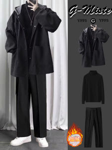 Mens Autumn Winter Woolen Suit Three-Piece Set Casual Sportswear Long Sleeve Pants Youth Fashionable Ensemble