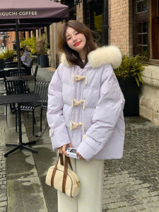 Womens Winter Thickened Short Bread Style Cotton Jacket Purple Taro Button Korean Version Loose Fit Cotton Puffer Coat