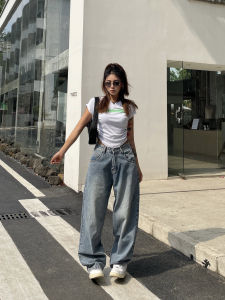 Spicy Vintage Blue Jeans Loose Slimming Wide Leg Floor-Length Natural Waist Denim Pants for Young Women Spring Season