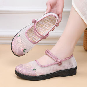 Embroidered Breathable Mesh Flat Bottom Womens Shoes Hollow out Summer Shoes Soft Bottom Hanfu Beijing Cloth Shoes for Mothers