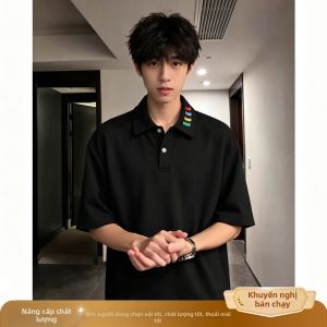 ZHUOCAN | Áo Polo Cổ Trụ Tay Ngắn Thêu Sọc Màu Nước