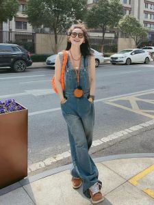 Trendy American Retro Denim Overalls Women Summer New Loose Small Size Slimming Ageless Wide Leg Floor-Length Pants
