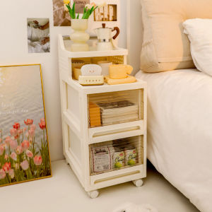 Simple Creamy Style Mobile Bedside Table Drawer Storage Cabinet Replacement Small Cart Rental Room Transformation