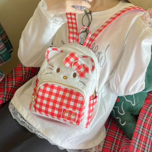 Childrens Cartoon Plaid Plush Backpack Girls Kindergarten Cute Cat Soft Shoulder Bag Small Size Vertical Square Shape