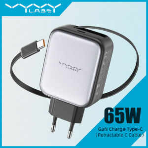 Vyvylabs GaN 65W Type-C Fast Charger EU/US Plug Charger Mini Wall Charger With Retractable C Cable Travel Charger
