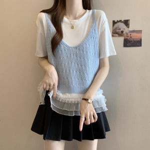 Áo Len Cardigan Cổ Chữ V Màu Xanh Nhạt Áo Thun Tay Ngắn Màu Trắng Nữ Mùa Xuân Hè Cỡ Lớn Áo Hai Mảnh