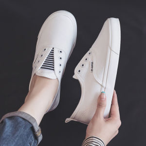 White Breathable Canvas Shoes Womens Slip-On Versatile Nurse Shoes Low Cut round Toe Thick Bottom Rubber Sole Korean Style