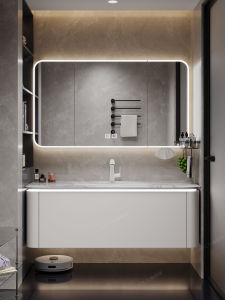 DIPURUI | Creamy Style Luxury Stone Top Ceramic Basin Curved Solid Wood Bathroom Vanity Set