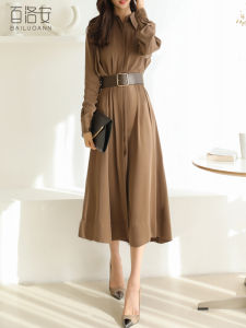 BAILUOANN | ชุดเดรสยาวแขนยาวสไตล์ POLO สำหรับผู้หญิง ฤดูใบไม้ร่วง 2020 กระโปรงทรงเอเข้ารูป กระโปรงยาวคลุมเข่า แฟชั่น เสื้อเชิ้ต สายเดี่ยว แขนยาว