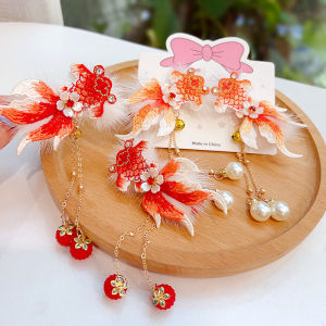 Embroidered Goldfish Barrettes Childrens Princess Tassel Hair Accessories Chinese Ancient Style Hanfu Koi Headdress a Pair of Hairclips Baby Girl Hairpin