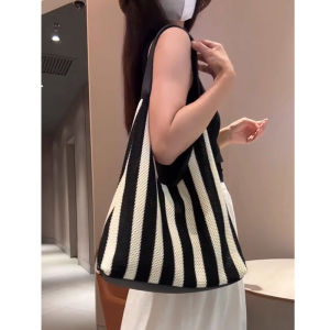Womens Black White Striped Hollow Weave Tote Bag Large Capacity Luxury Minimalist High-End Feelings 2025 New Style Handbag