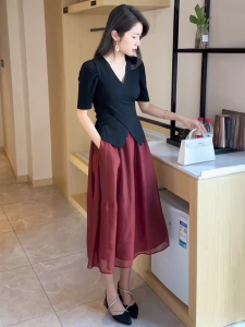 กระโปรงทรงเอผ้าชีฟองลายจุดแฟชั่นฤดูร้อนสำหรับผู้หญิง เอวสูง กระโปรงทรงเอเอวสูง กระโปรงทรงเอผ้าชีฟอง