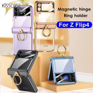 【With Lens Film】KISSCASE Clear Plating Magnetic Hinge Metal Ring Bracket Case for Samsung Galaxy Z Flip 4 5G Ring Holder Stand Clear anti drop Cover For Z Flip4 5G