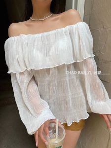 สไตล์เกาหลี ผู้หญิง กระโปรงแขนยาวไหล่เดียว พลีท ผ้าชีฟอง สีทึบเหนือศีรษะ เสื้อท่อนบน เดินทาง หลวม Fit แขนเสื้อทรงโคมไฟ