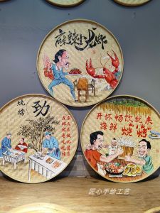 Hand-Painted Bamboo Woven Fan Wall Art Background Decor for Tea Room Restaurant Country Style round Wall Decorations Hanging Ornaments