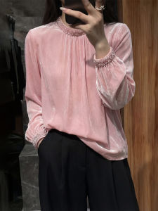 UYFY | Embellished Pink Velvet Long Sleeve Round Neck Top