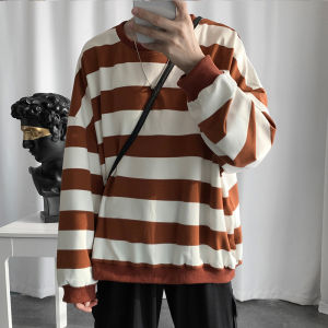 Autumn and Winter Stripes Sweatshirt Mens K-style Trendy Teen Easiest for Match Top Clothes Student Base Long-Sleeve T-shirt