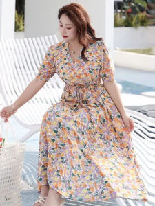 plus Size Womens Chiffon Dress Floral Print V-Neck Midi Summer Dress for Heavy Girls High Waist A-Line Short Sleeve Dress