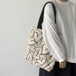 Trendy Canvas Bag Womens Single Shoulder Retro Harajuku Ulzzang for College Students Ins Style Soft Handbag Casual Love Pattern